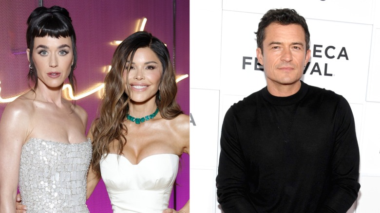 A split image of a smiling Lauren Sanchez wrapping her arm around Katy Perry, and Orlando Bloom sporting a black sweatshirt while looking away from the camera.