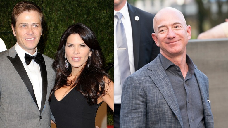 A split image of Lauren Sanchez and Patrick Whitesell smiling while standing close to each other, as Jeff Bezos sports a cheeky smile.