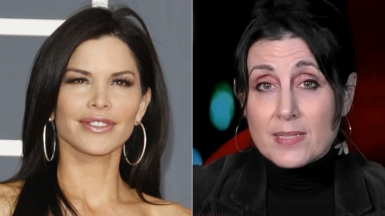 A split image of Lauren Sanchez smiling subtly while sporting hoop earrings and minimal makeup, and Alanna Zabel raising her eyebrows as she speaks.