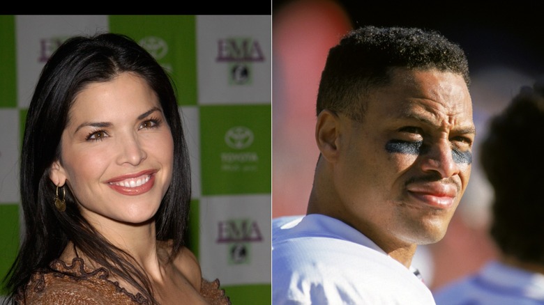 A split image of Lauren Sanchez smiling while looking away from the camera, and Anthony Miller making a face while wearing eye black.