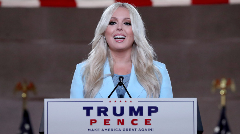 Tiffany Trump behind a podium speaking at the RNC
