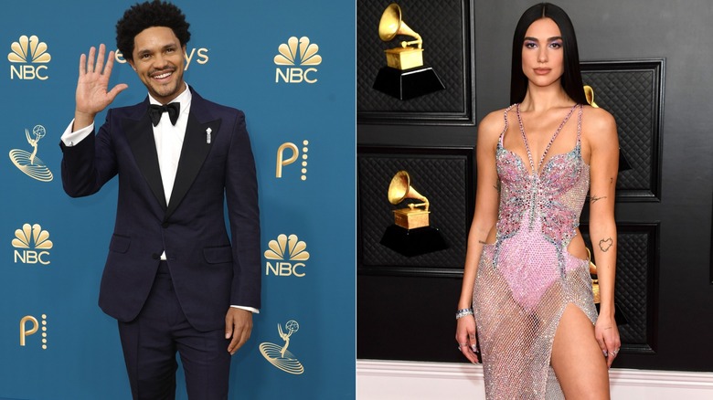 Trevor Noah and Dua Lipa posing split image