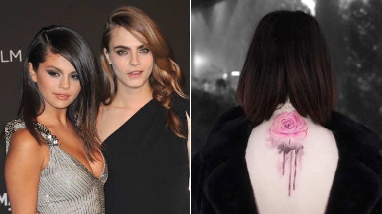 Selena Gomez and Cara Delevingne on red carpet; Selena's rose tattoo