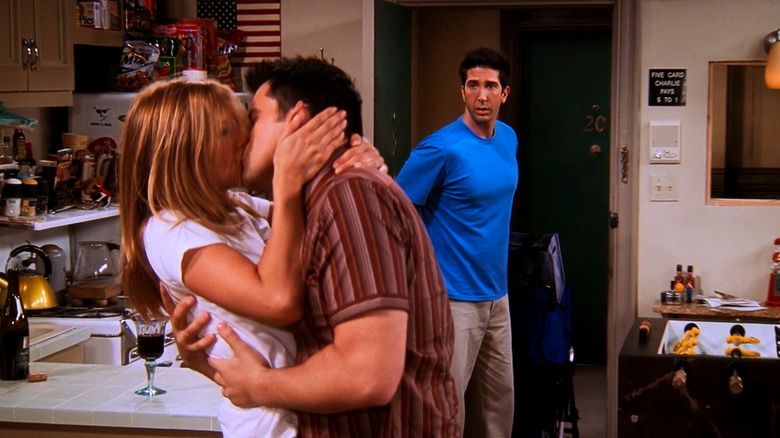 Ross (David Schwimmer) walks in on Rachel (Jennifer Aniston) and Joey (Matt LeBlanc) kissing on "Friends"