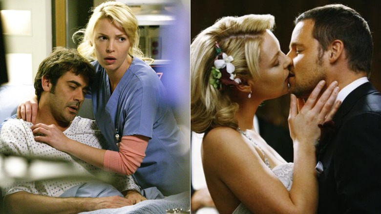 Izzie (Katherine Heigl) with Denny (Jeffrey Dean Morgan) on left, and marrying Alex (Justin Chambers) on the right