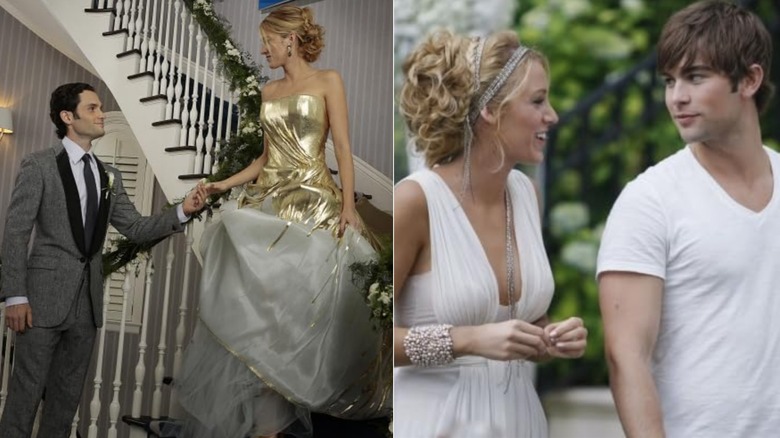 Dan (Penn Badgley) and Serena (Blake Lively) on their wedding day, left; Serena with Nate (Chace Crawford), right, on "Gossip Girl"