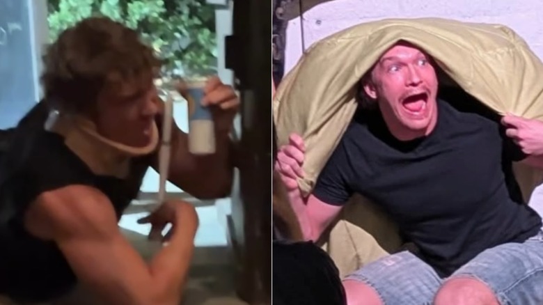 Two images of Connor Storrie in clowning sketches