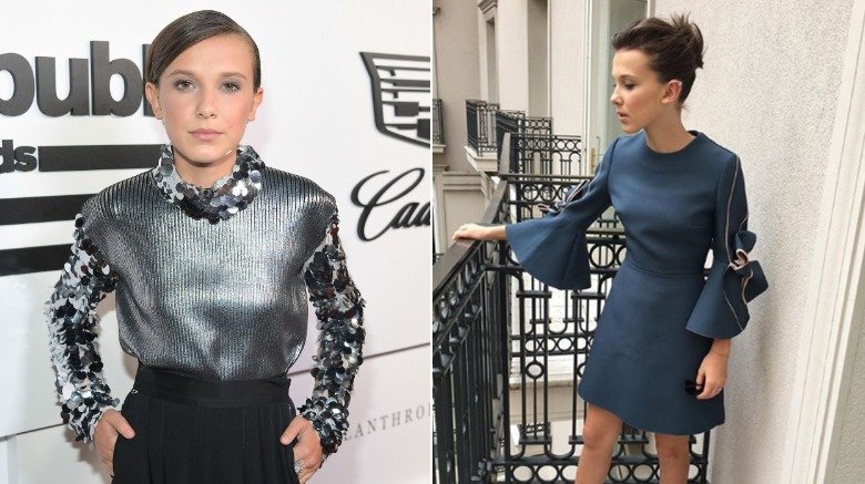 Millie Bobby Brown at a 2017 MTV VMAs after party, posing in a blue dress on Instagram