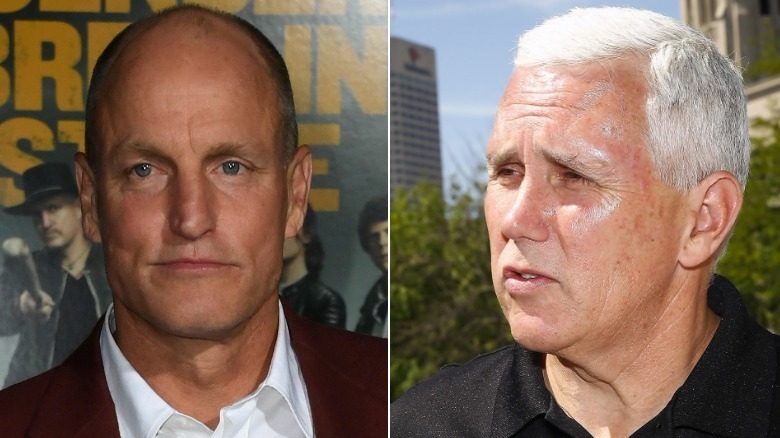Woody Harrelson posing and Mike Pence speaking 