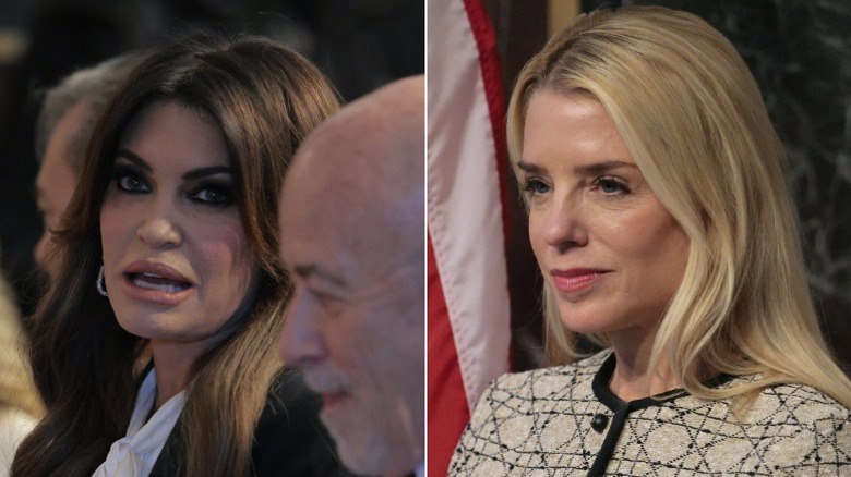 Split image of Kimberly Guilfoyle and Pam Bondi at Kash Patel's swearing-in
