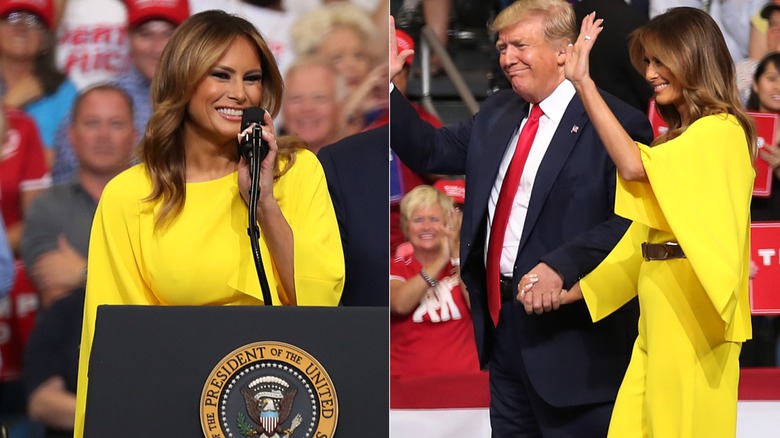 Melania Trump in a yellow dress at a rally in Orlando