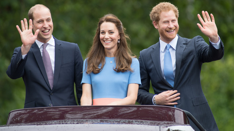 Prince William, Kate Middleton, and Prince Harry waving