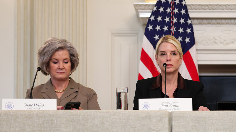 Susie Wiles and Pam Bondi pictures at a press conference.
