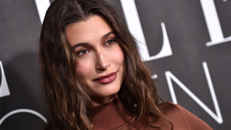 Hailey Bieber posing in a dark lipstick