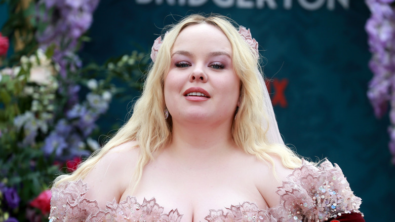 Nicola Coughlan wearing a pink dress at Bridgerton screening