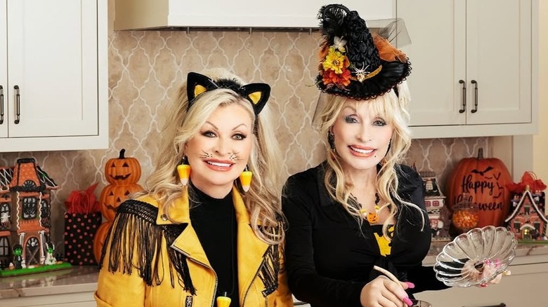 Rachel Parton-George and Dolly Parton in a kitchen making Halloween treats