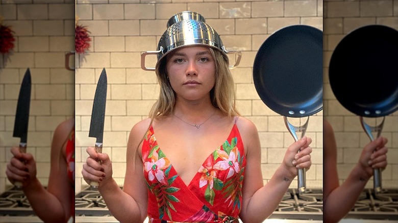 Florence Pugh wearing colander hat