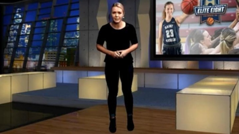 Sporting an all-black look, Karoline Leavitt hosts a sports show by the Saint Anselm Broadcasting Club.