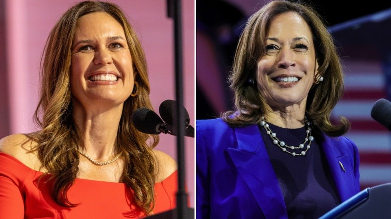 Closeup of Kamala Harris smiling at podium with microphones