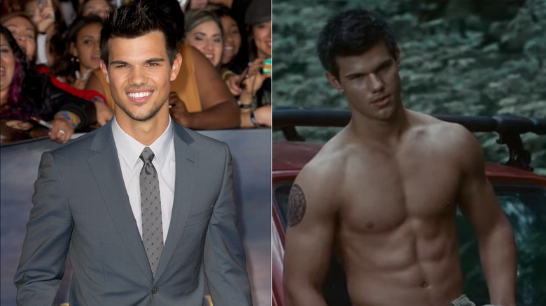 Side-by-side pictures of Taylor Lautner smiling in a suit on red carpet and of Jacob Black standing shirtless