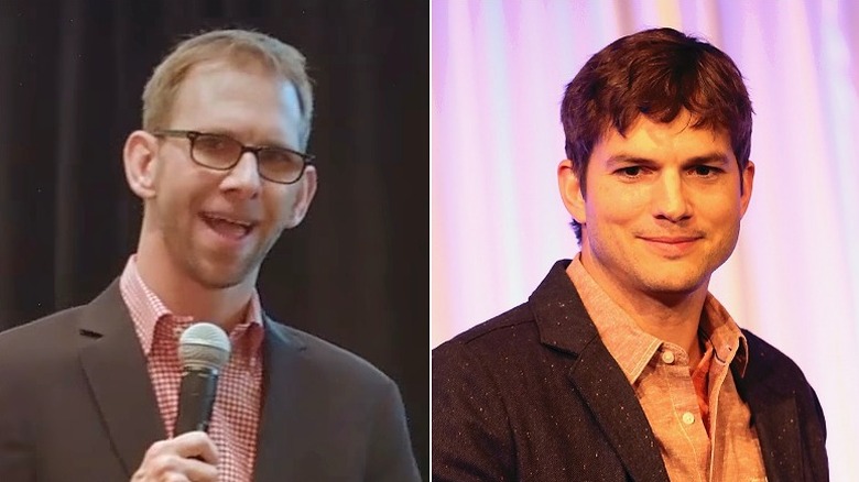 Left: Michael Kutcher at speaking engagement; Right: Ashton Kutcher smiling softly