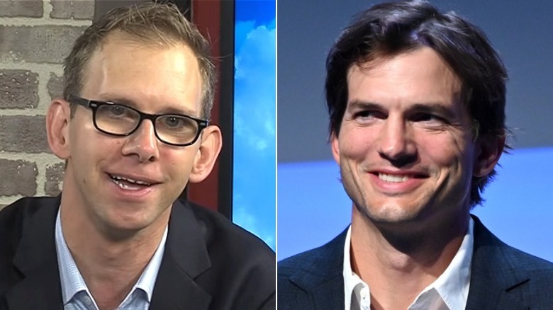 Left: Michael Kutcher speaking on news segment; Right: Ashton Kutcher at a speaking event
