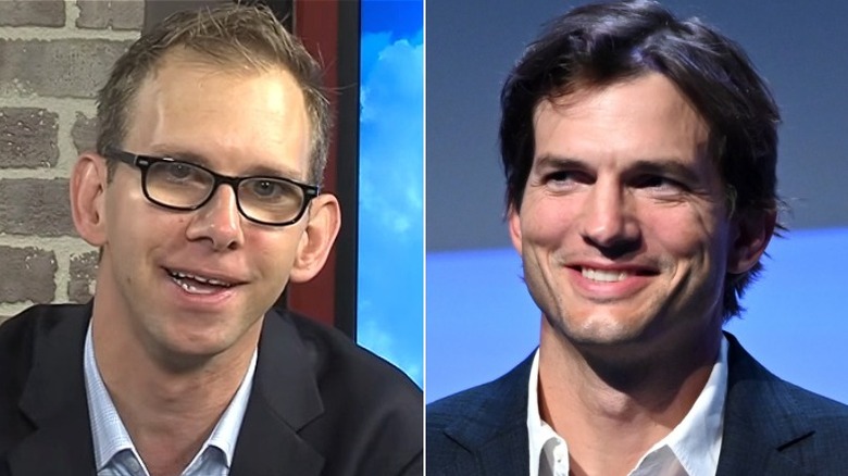 Left: Michael Kutcher speaking on news segment; Right: Ashton Kutcher at a speaking event