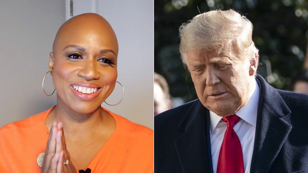 Ayanna Pressley smiling (left), Donald Trump grimacing (right)