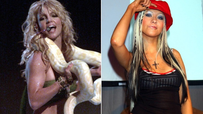 Britney Spears singing with snake, Christina Aguilera posing with red hat