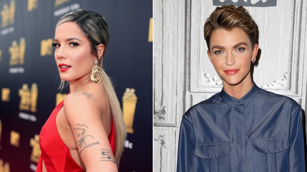 Halsey looking over her shoulder (left), Ruby Rose smirking (right)