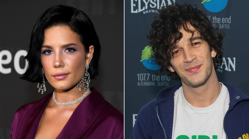 Halsey smirking (left), Matty Healy smirking (right)