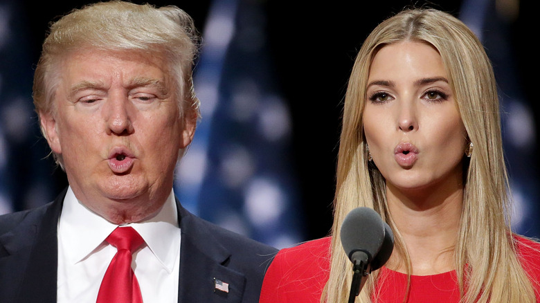 Donald Trump and Ivanka Trump in matching red, testing out the mic at the 2016 RNC