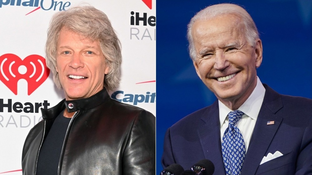 Joe Biden and Jon Bon Jovi smiling in a split image