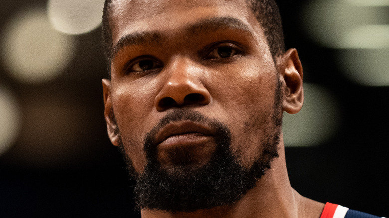 Kevin Durant wearing a vintage styled Nets jersey 