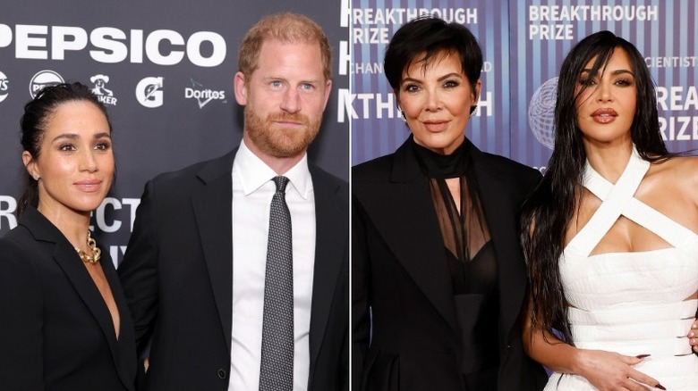 Split image of Meghan Markle and Prince Harry wearing all-black outfits and Kris Jenner wearing black beside Kim Kardashian, who is wearing a white bandage dress.