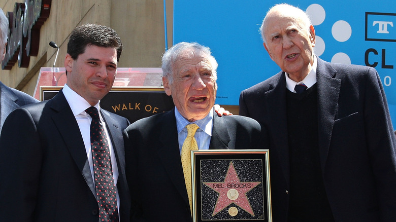 Max Brooks, Mel Brooks pose with Carl Reiner