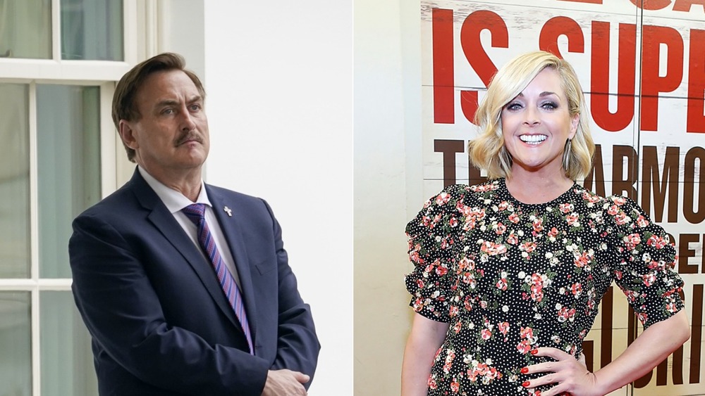 Mike Lindell and Jane Krakowski posing in split image