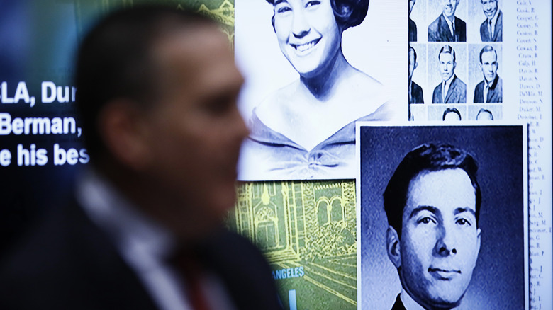 Photos shown on screen of young Susan Berman and Robert Durst.