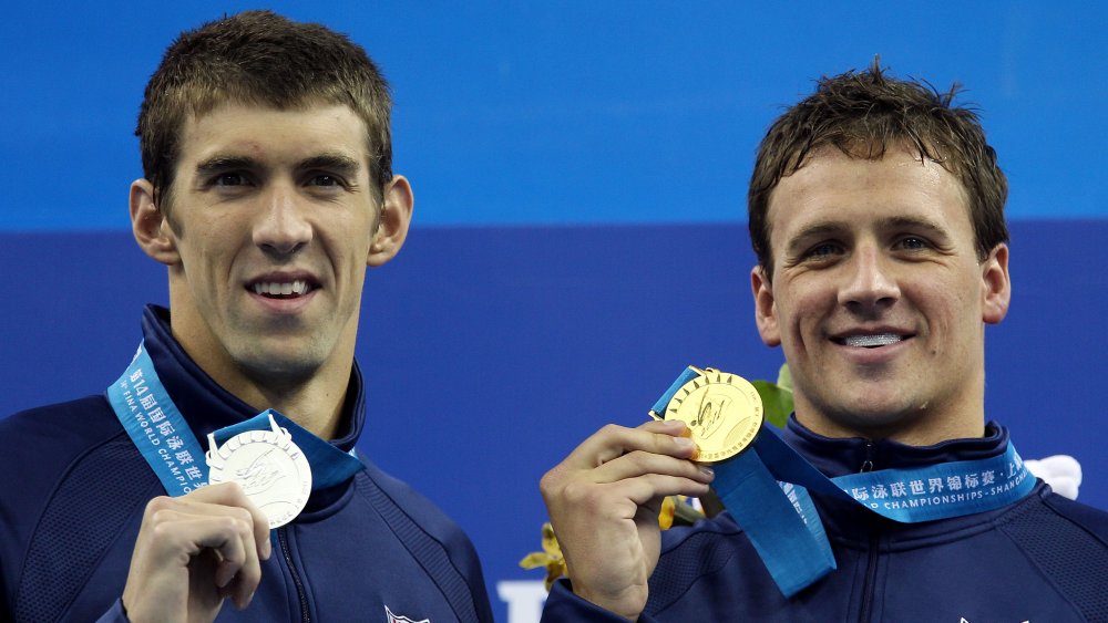 Michael Phelps and Ryan Lochte at the medal ceremony for the 14th FINA World Championships