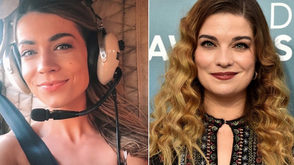 Sarah Trott selfie and Annie Murphy, on red carpet, smiling in red lipstick, hair down and wavy 