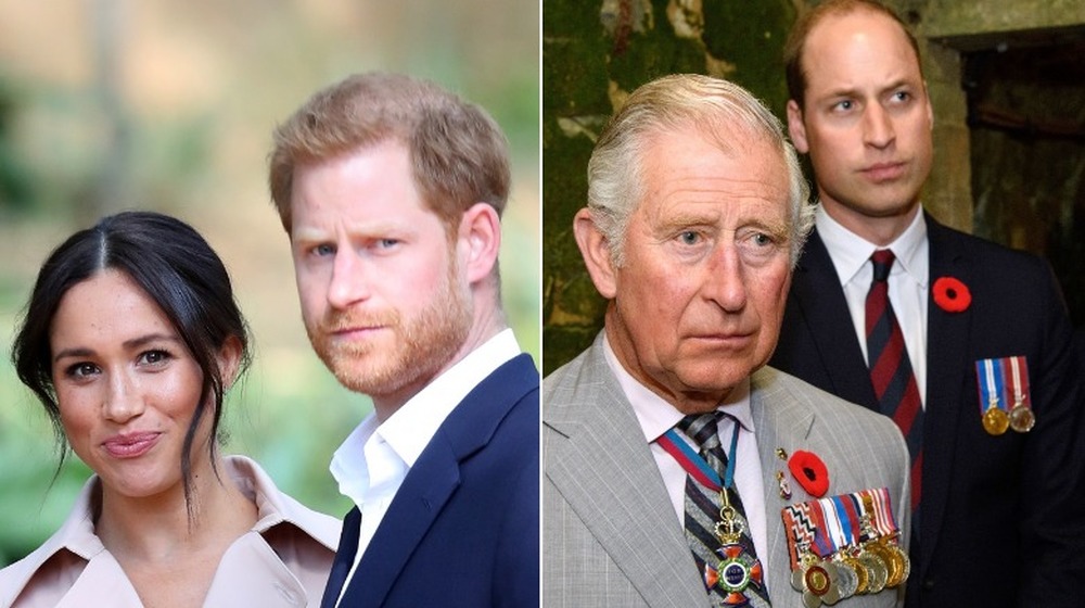 Meghan Markle and Prince Harry looking ahead; Prince Charles and Prince William standing together