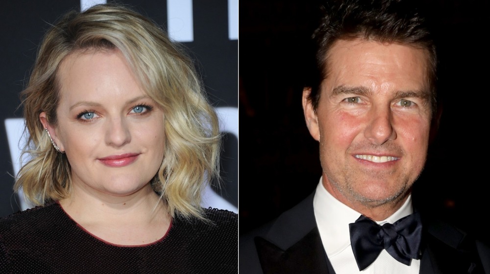 Elisabeth Moss, smiling, dressed up at premier; Tom Cruise, smiling, in a tux, with a black background