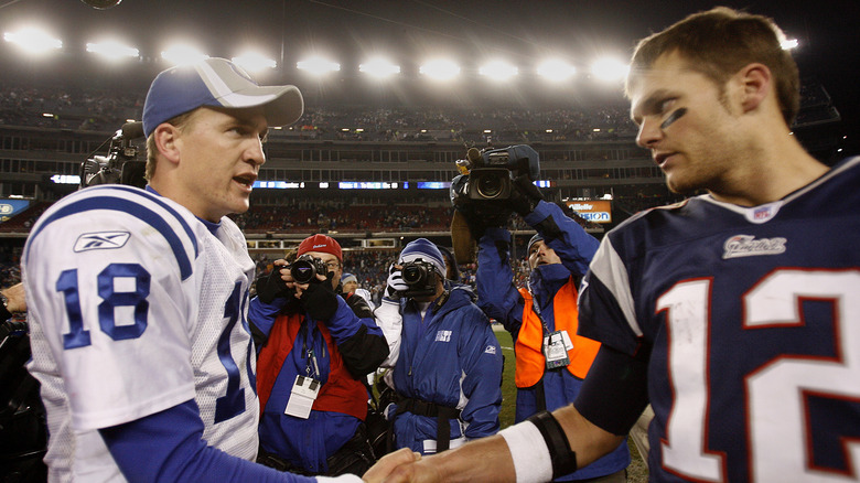 Peyton Manning and Tom Brady speaking after a game