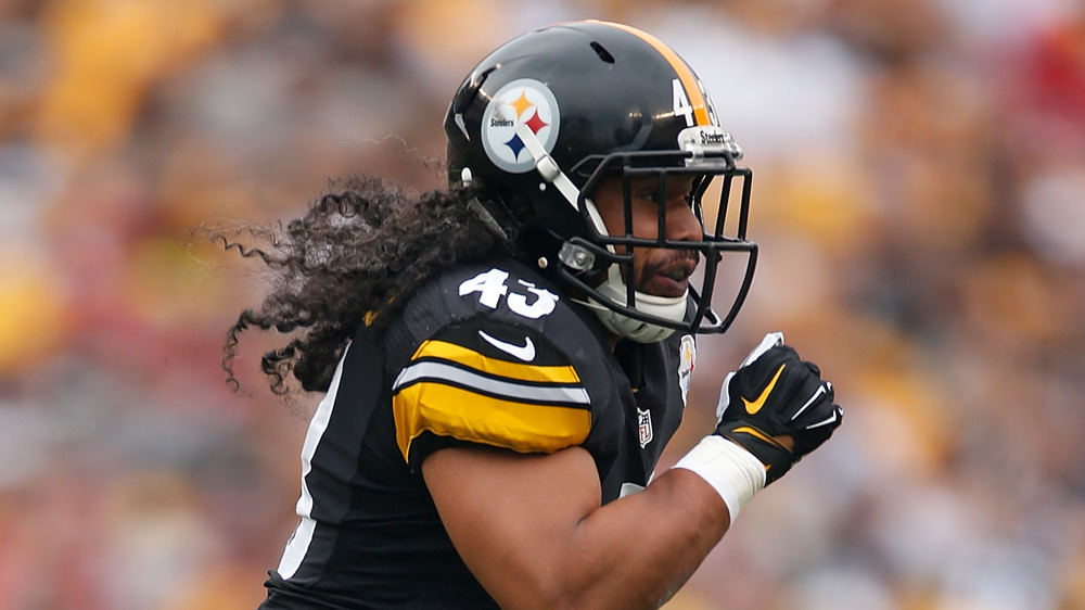 Troy Polamalu's hair flowing underneath his helmet