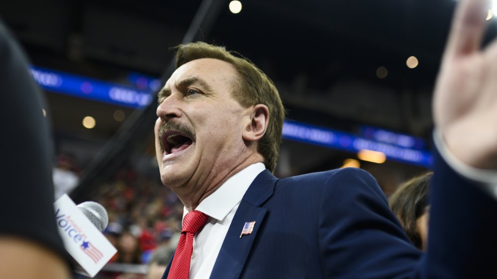 Mike Lindell, CEO of My Pillow, is interviewed before a campaign rally held by U.S. President Donald Trump at the Target Center
