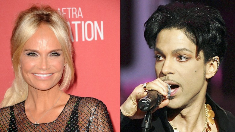 Kristin Chenoweth poses in a black tank and sequined top, Prince sings