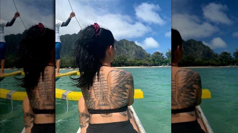Bella Poarch's back tattoo of winged ship