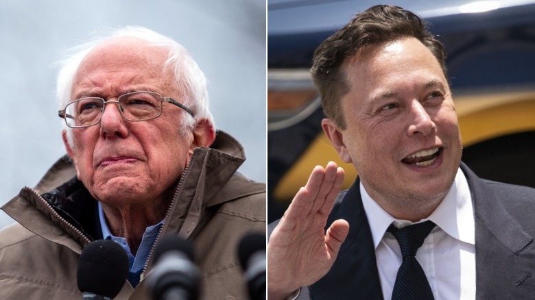 Bernie Sanders speaking at microphone, Elon Musk waving