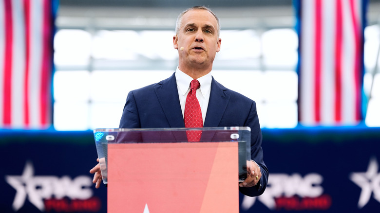 Corey Lewandowski speaks at a conference in 2025