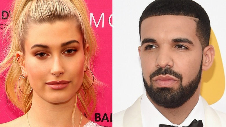 Hailey bieber posing, Drake looking left